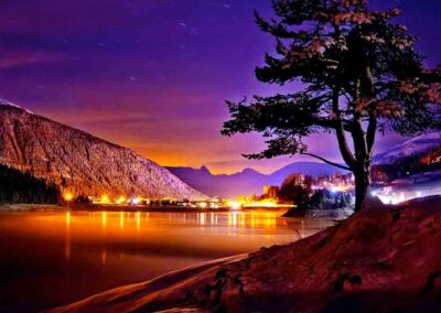 Lake Davos and village at night.